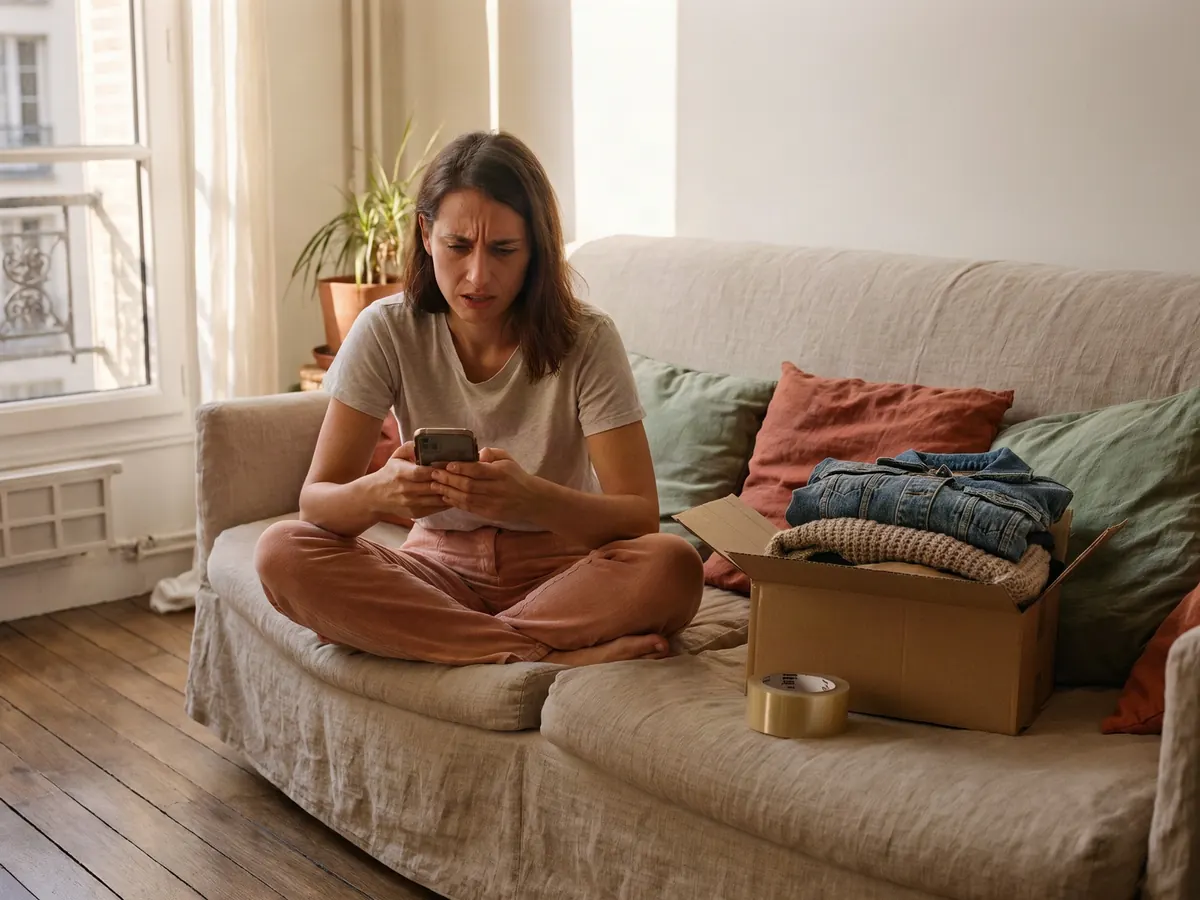 Photo d'illustration : une femme assise sur son canapé regarde son téléphone, l'air contrarié, à côté d'un colis de vêtements prêt à partir.