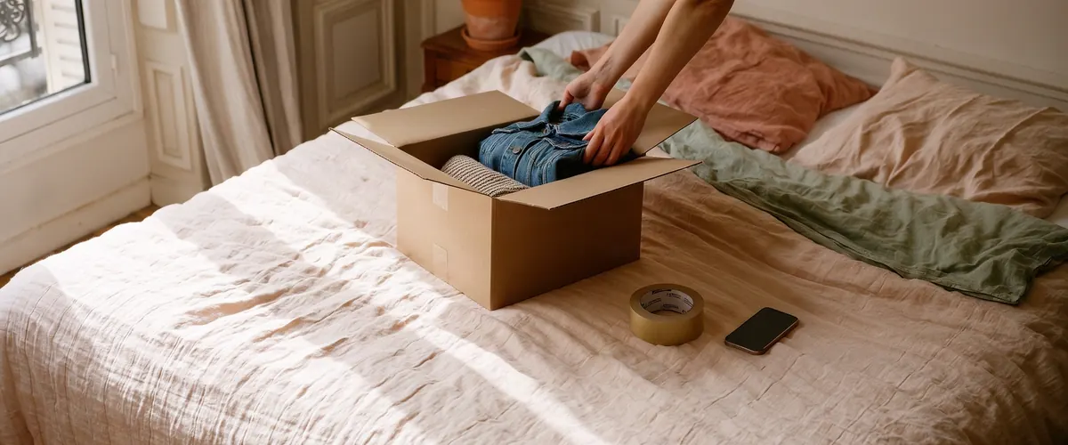 Photo d'illustration : des mains rangent une veste en jean dans un colis posé sur un lit.